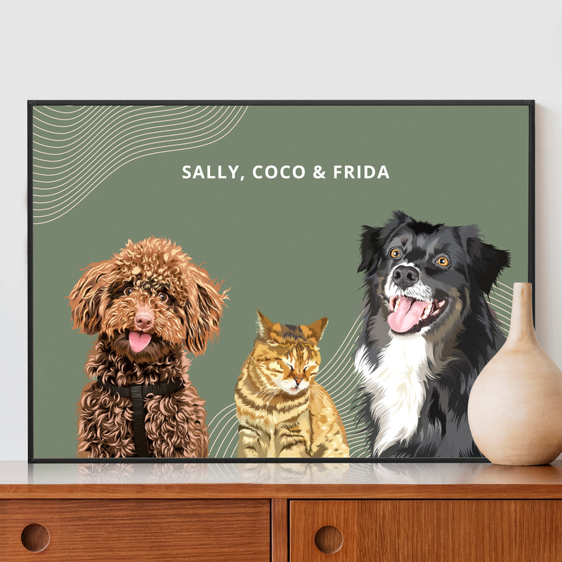 Modern Framed Pet Portrait (Three Pets)